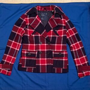 American Eagle Outfitters Red and Black Plaid Peacoat
